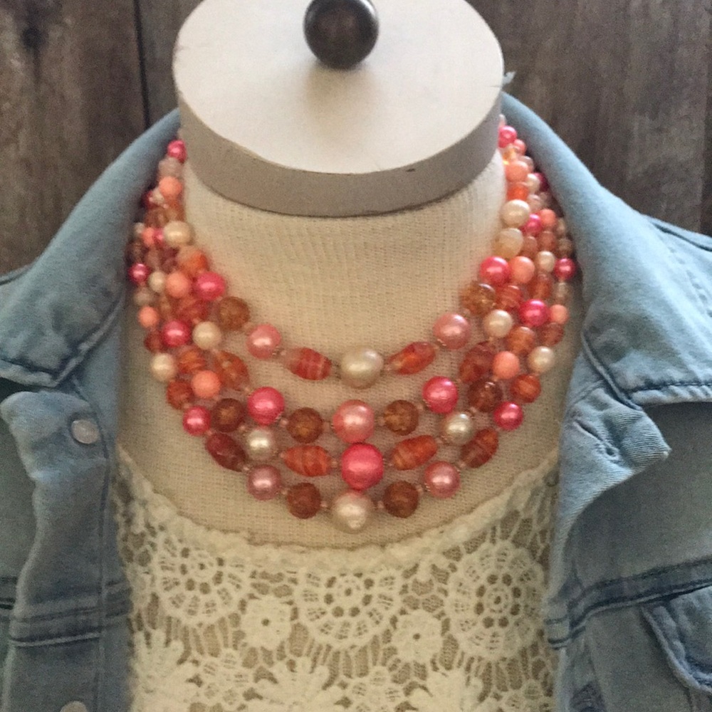 Vintage Boho style beaded necklace pinks coral